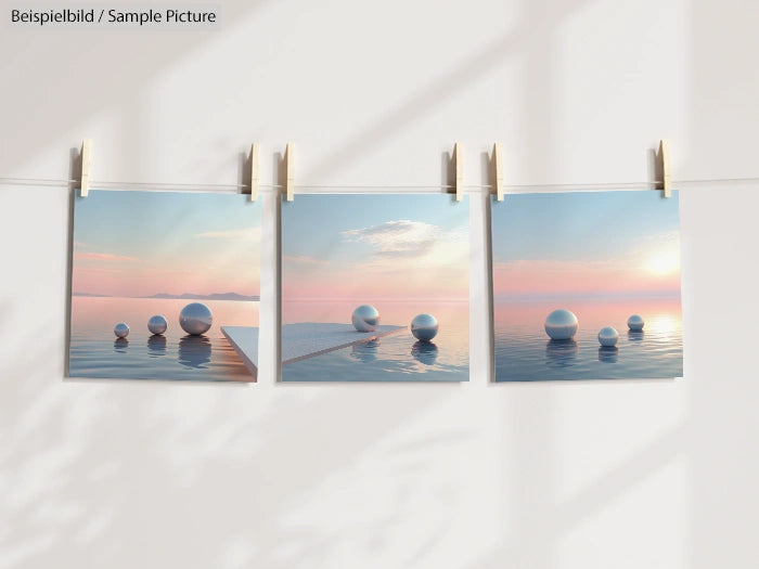 Three photos of abstract spheres in water against a pastel sunset, clipped to a clothesline.