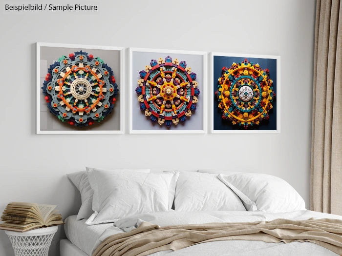 Bedroom with three colorful, symmetrical mandala artworks above a white bed and beige curtains.