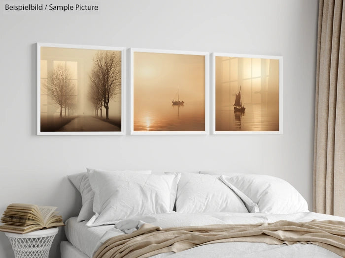 Three sepia-tone landscape photos above a white bed with beige bedding in a minimalist room.