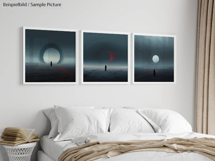 Bedroom with white bedding, featuring three mystical landscape paintings of dark skies and circular portals on the wall.