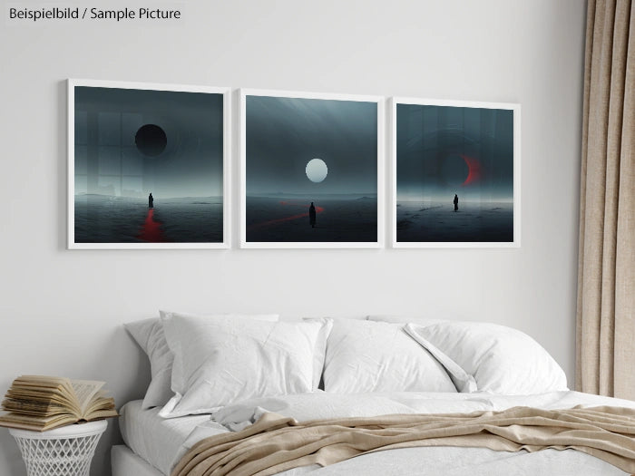 Bedroom with three abstract landscape paintings above bed, depicting moons and figures in misty scenes.