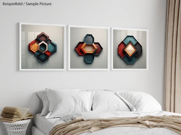 Modern bedroom with three geometric art frames above a white bed and a wicker basket on a side table.