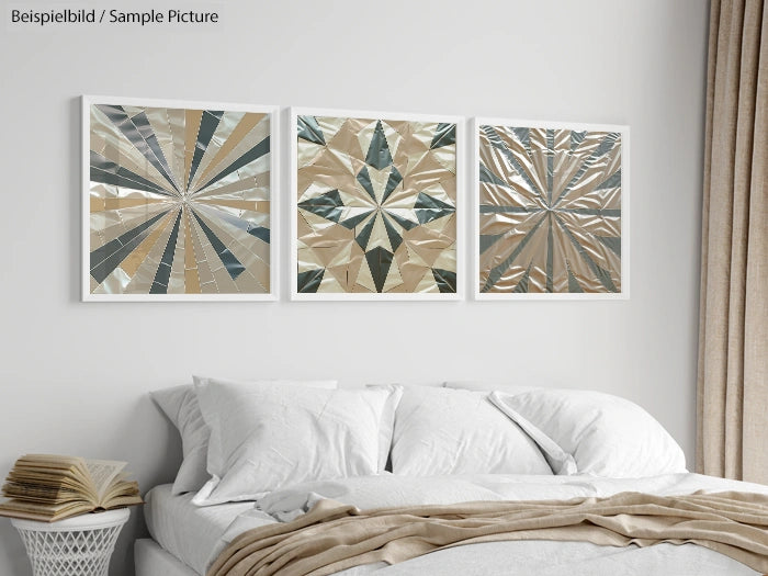 Modern bedroom with white bedding, featuring triptych metallic abstract artwork above the bed and neutral curtains.