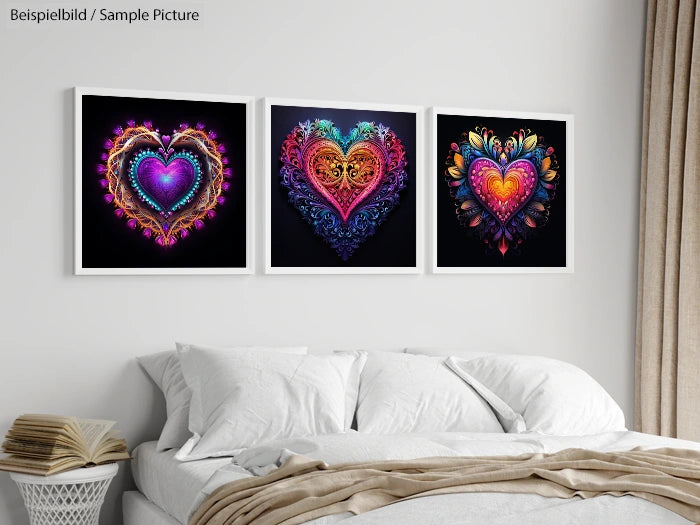 Three colorful heart art pieces on a wall above a white bed, showcasing intricate designs and vibrant hues.