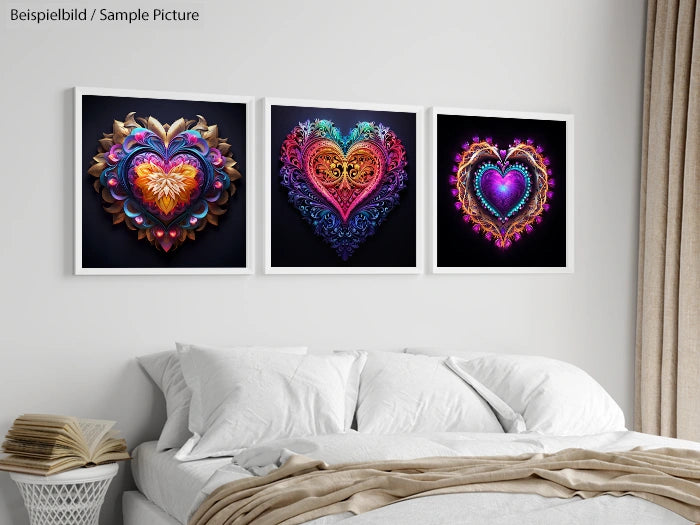 Bedroom wall with three colorful heart-shaped artworks, above a white bed with pillows and a woven basket.