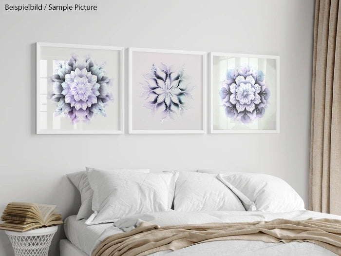 Bedroom with white bed, beige curtains, and three framed floral art prints on the wall.