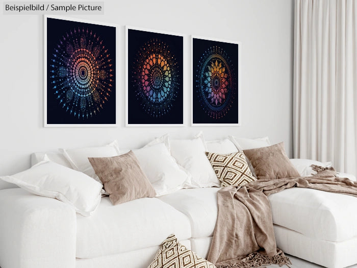 Modern living room with white sofa and abstract mandala artwork on the wall.