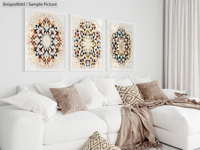 White l-shaped sofa with beige throw pillows and blankets, beneath three framed abstract mandala artworks on a light wall.