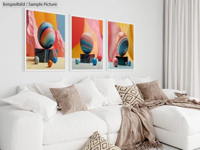 Modern living room with abstract art featuring colorful geometric designs above a white sofa and neutral decor.