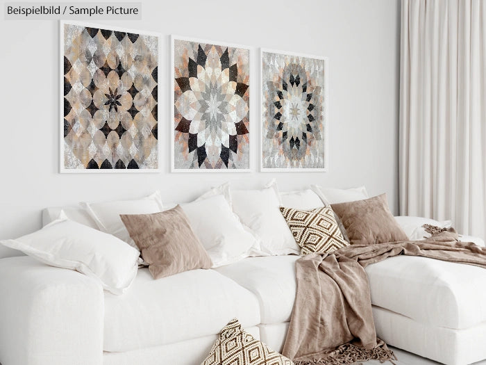 Modern living room with white sofa, beige pillows, and three geometric patterned wall art pieces.