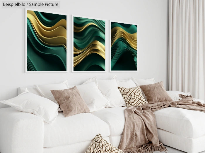 Modern living room with a white sofa and abstract wave-patterned triptych art in green and gold on the wall.