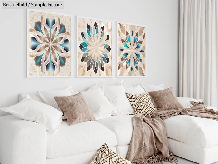 Modern living room with white sofa, beige and brown cushions, and three abstract floral artworks on the wall.