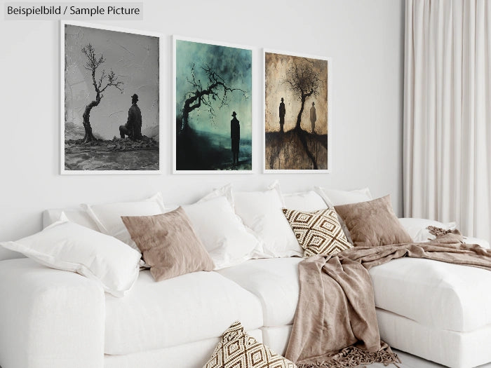 Contemporary living room with three abstract tree paintings above a white sofa, accented by tan pillows and throws.