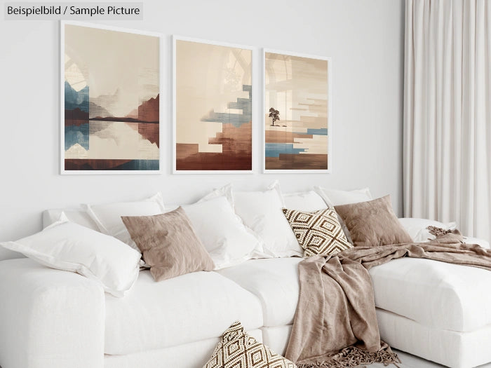 Modern living room with a white sofa, beige pillows, and three abstract landscape paintings on the wall.