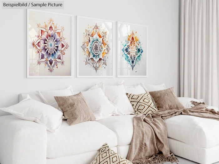 Stylish living room with white sofa, beige pillows, and three framed geometric art pieces on the wall.