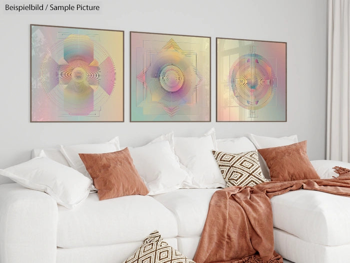 Modern living room with white sofa, brown pillows, and three abstract geometric artworks on the wall.