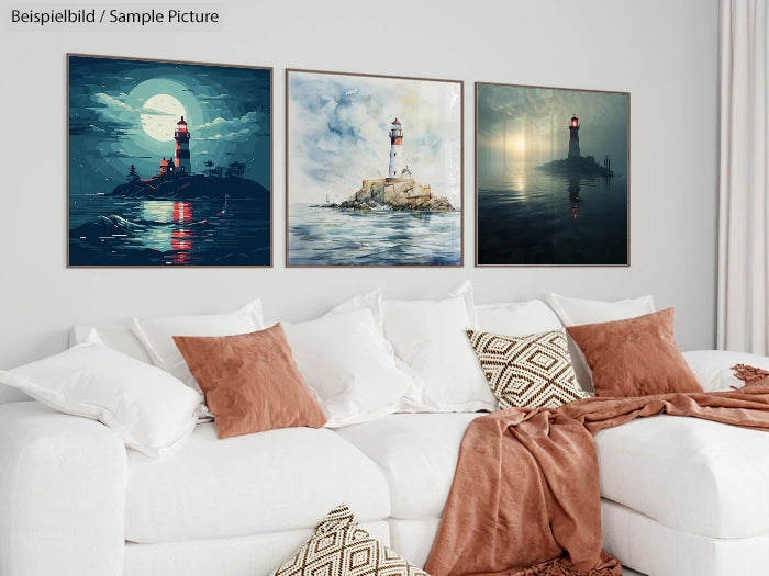 Living room with white sofa, rust pillows, and three lighthouse paintings on the wall, featuring coastal and moonlit scenes.