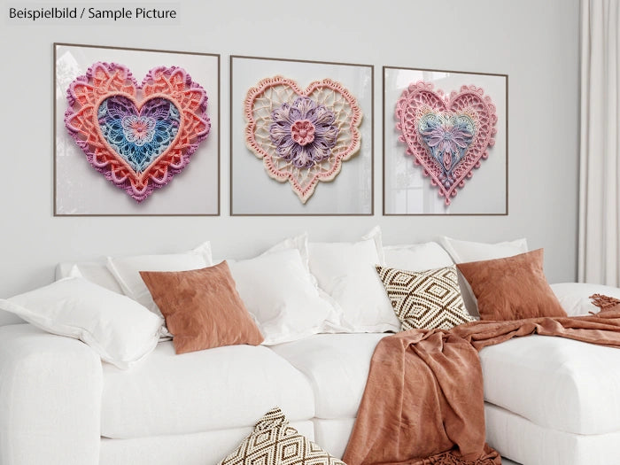 Living room with white sofa and three lace heart artworks on the wall, accented with brown and white cushions.