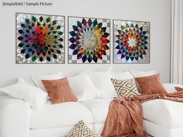 Living room with white sofa, brown cushions, and colorful kaleidoscope art on the wall.