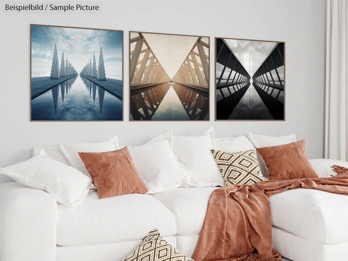 Living room with a white sofa and three geometric art prints on the wall, featuring architectural reflections and patterns.