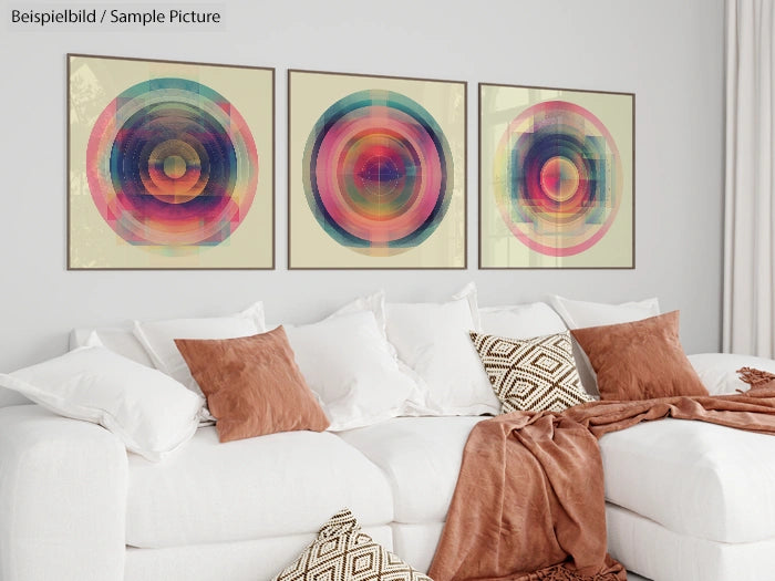 White sofa with brown pillows and geometric artwork on the wall above.