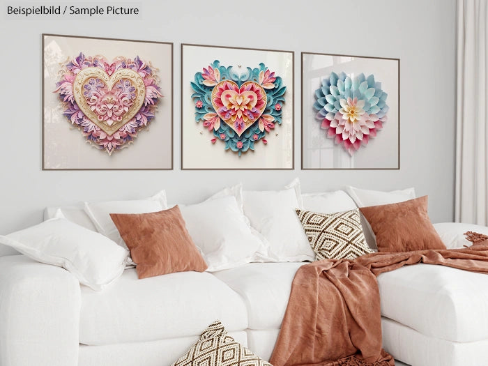 Living room with white sofa, brown pillows, and three floral art pieces on the wall above.