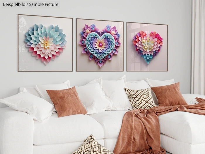 Couch with decorative pillows, three framed 3D floral art pieces on wall, featuring heart shapes in soft colors.