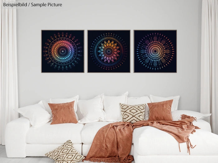 Modern living room with three colorful mandala art pieces on the wall and a white sofa with brown cushions and throw.