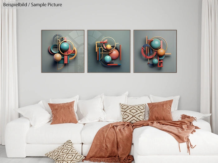 Modern living room with white sofa, brown pillows, and abstract geometric wall art in shades of orange and teal.