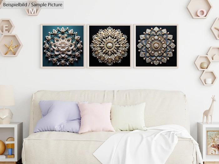 Elegant living room with beige sofa, pastel cushions, and three decorative mandala art pieces on the wall.