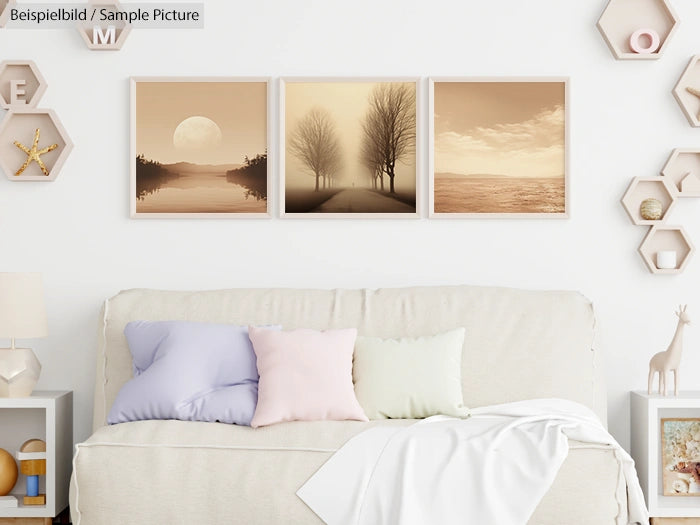 Cozy living room with beige sofa, pastel cushions, and three sepia landscape photos on the wall, minimalist decor.