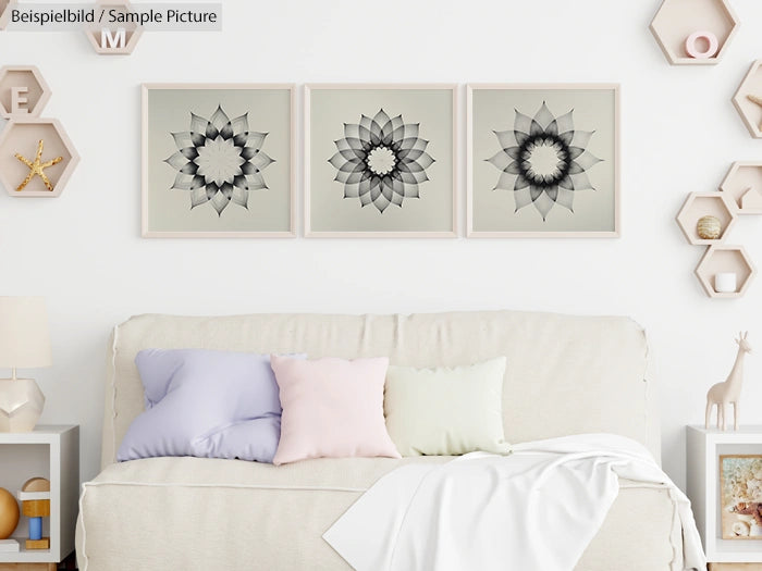 Living room with beige sofa, pastel cushions, and framed geometric art above. Hexagon shelves and decor on side wall.