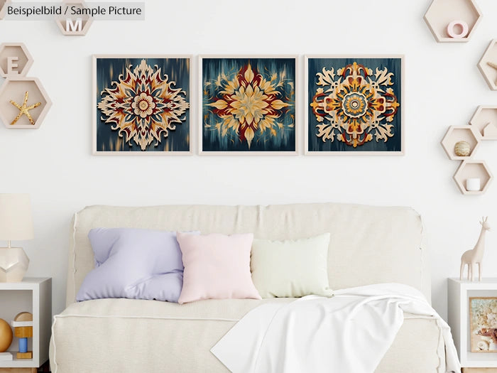 Living room with beige sofa, pastel pillows, and three ornate patterned artworks on the wall.