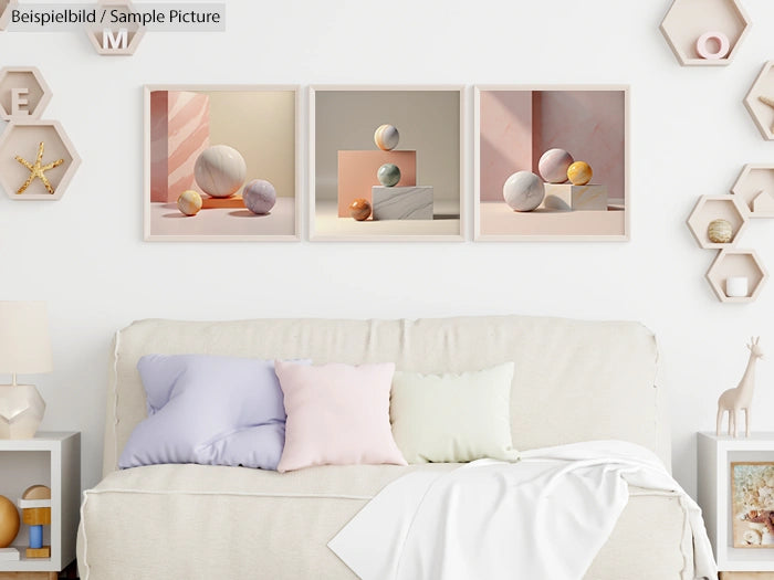 Modern living room with white sofa, pastel pillows, and geometric wall art in a minimalist design.