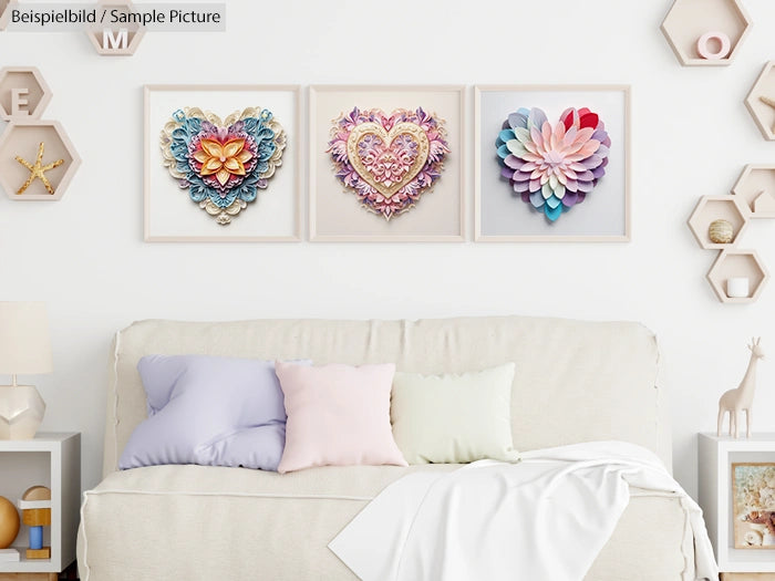 Living room with white couch, pastel cushions, and framed heart-shaped floral art on the wall.