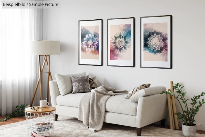 Cozy living room with a white sofa, pillows, and a throw blanket. Three abstract paintings and a potted plant decorate the space.