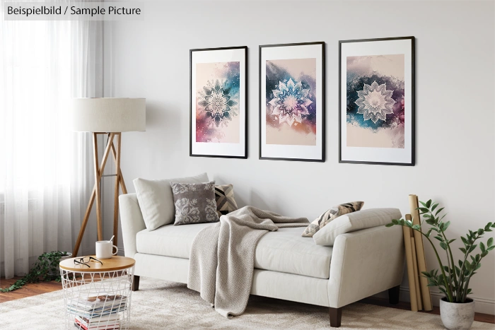 Modern living room with white sofa, floor lamp, and three abstract art pieces on the wall.