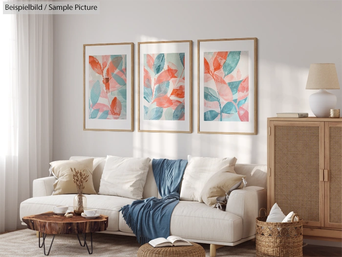 Cozy living room with white sofa, blue throw, abstract framed art, wicker furniture, and natural decor accents.