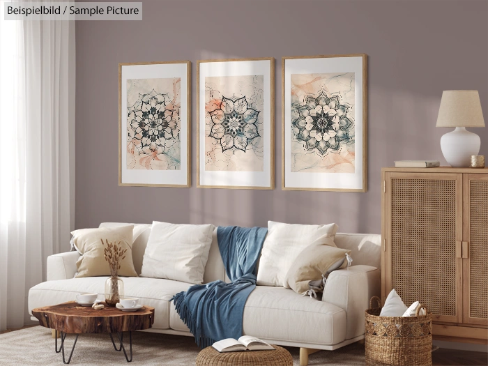 Living room with beige sofa, blue throw, coffee table, and three mandala art prints on the wall.