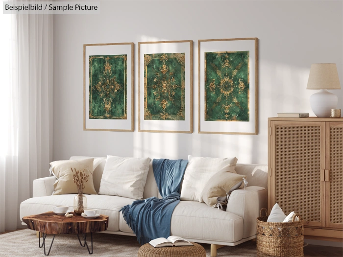 Stylish living room with a white sofa, pillows, three green and gold wall art pieces, and a wooden sideboard.