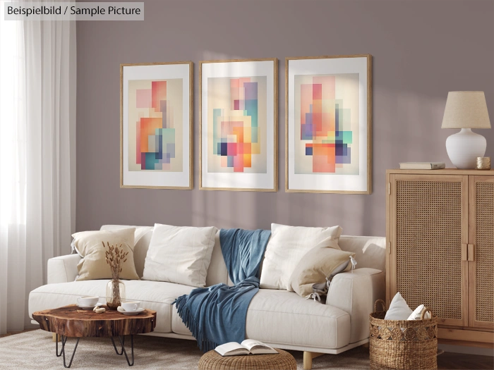 Modern living room with abstract artwork, white sofa, woven cabinet, and neutral decor.