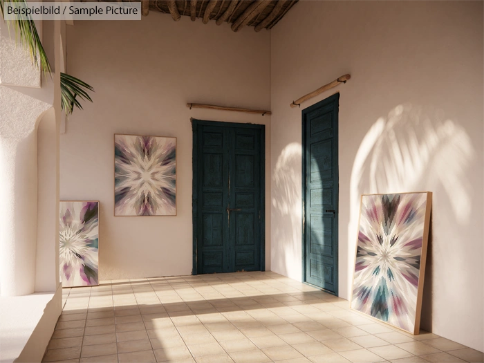 Sunny hallway with colorful abstract art and wooden doors, casting shadows on tiled floor.