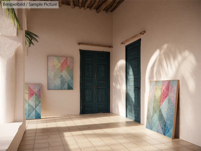 Art gallery room with geometric paintings, tiled floor, and wooden ceiling. Sunlight casts shadows on the walls.