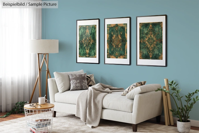 Modern living room with a white sofa, three green abstract wall art pieces, and a floor lamp against a blue wall.