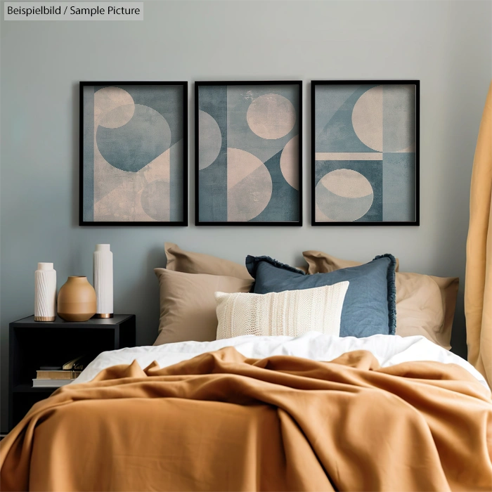 Elegant bedroom with decorative pillows, modern art triptych above bed, and vases on a side table.