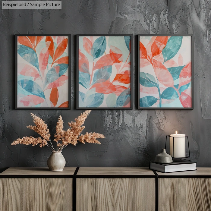 Three abstract leaf paintings in orange and teal hues above a wooden console with candles and dried flowers.