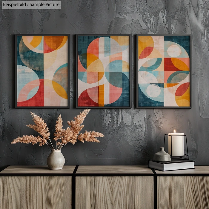 Geometric abstract paintings on a wall above a wooden console with candles and decorative dried flowers.