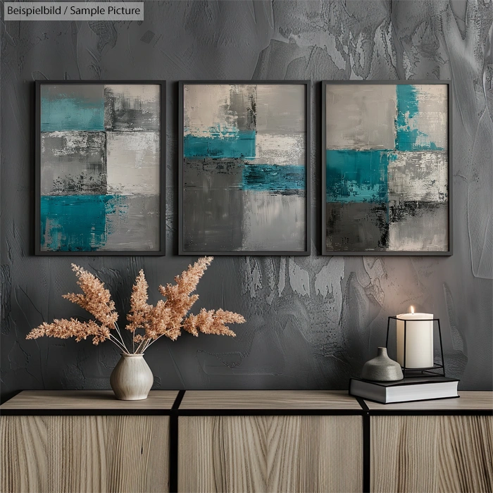 Modern abstract paintings with teal, gray, and white squares on a textured wall above a wooden console with candle and vase.