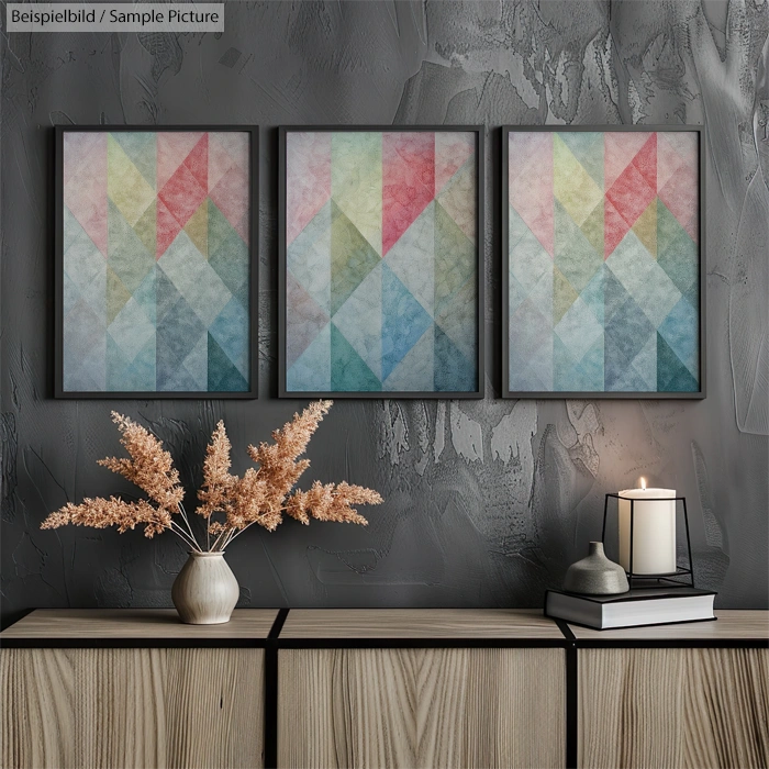 Modern interior with geometric artwork, dried flowers, and candle on a wooden console against a textured gray wall.