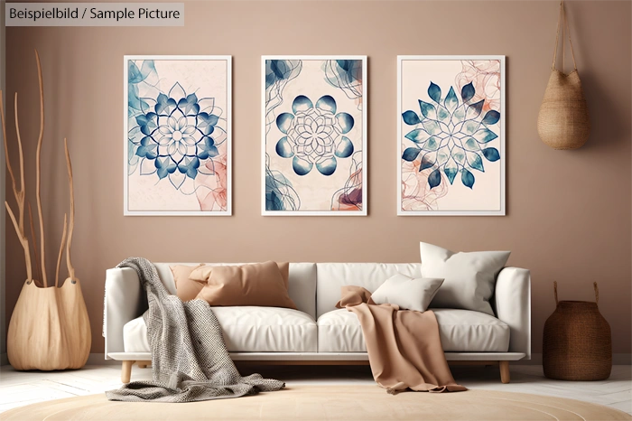 Modern living room with a beige sofa, pillows, and abstract flower art on the wall. Neutral tones and decorative vases.